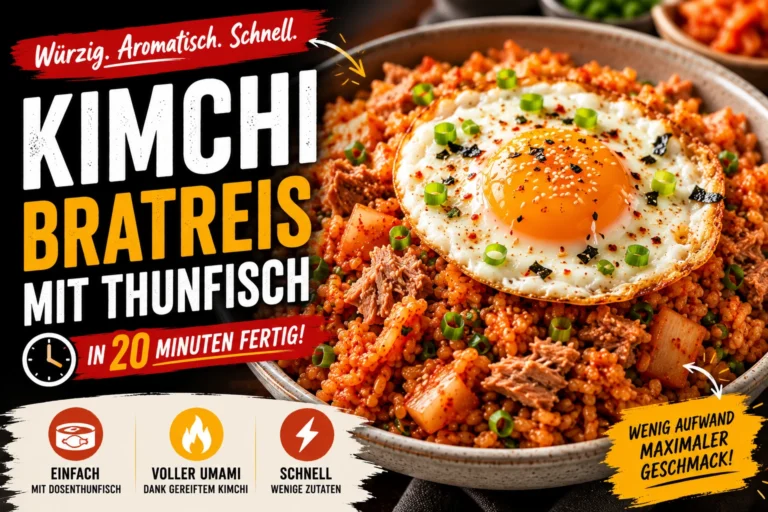 Kimchi Bratreis mit Thunfisch in einer Schüssel mit Spiegelei, gereiftem Kimchi und Frühlingszwiebeln – schnelles koreanisches Rezept in 20 Minuten