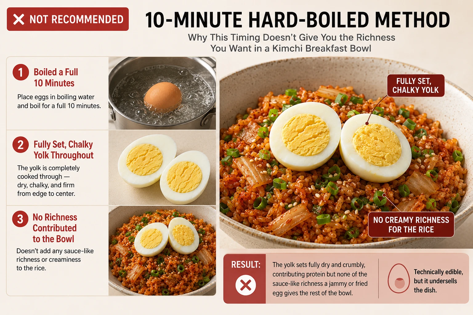 10 minute hard boiled egg comparison chalky yolk kimchi breakfast bowl