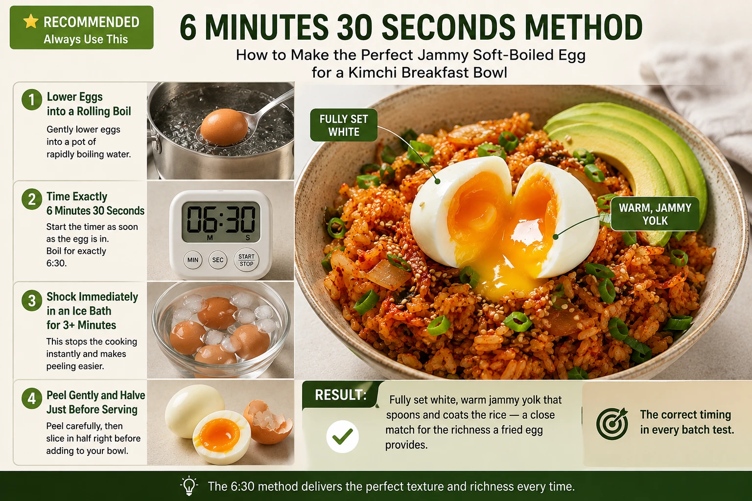 6 minute 30 second jammy soft boiled egg method kimchi breakfast bowl