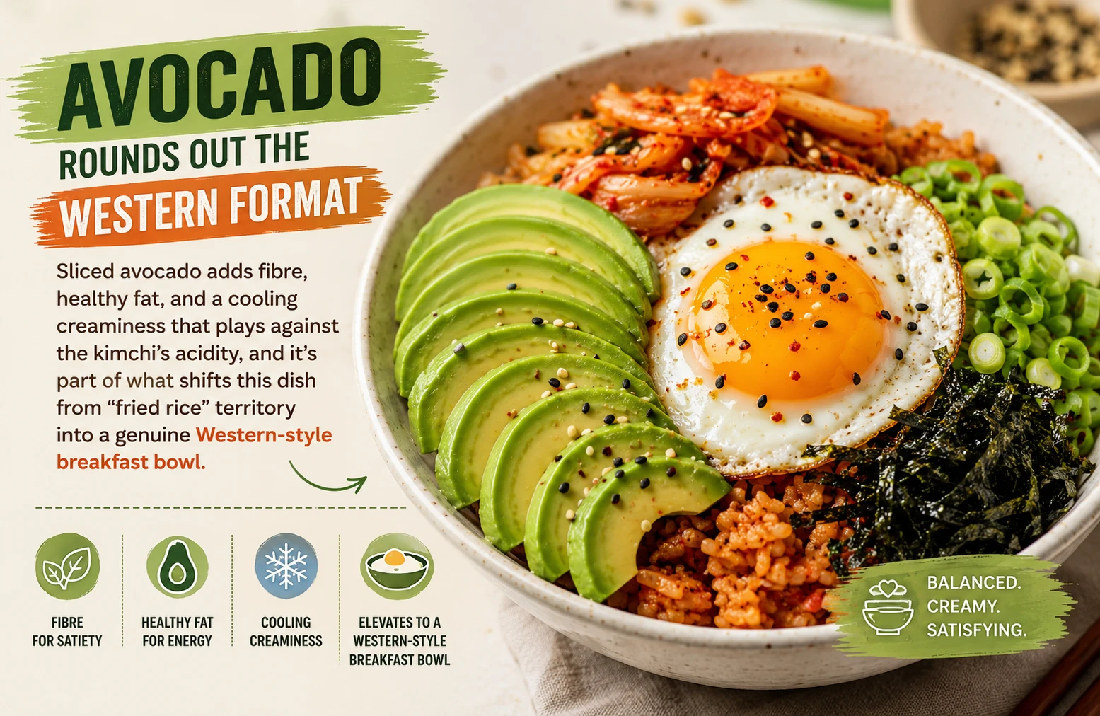 Sliced avocado creaminess kimchi breakfast bowl Western format