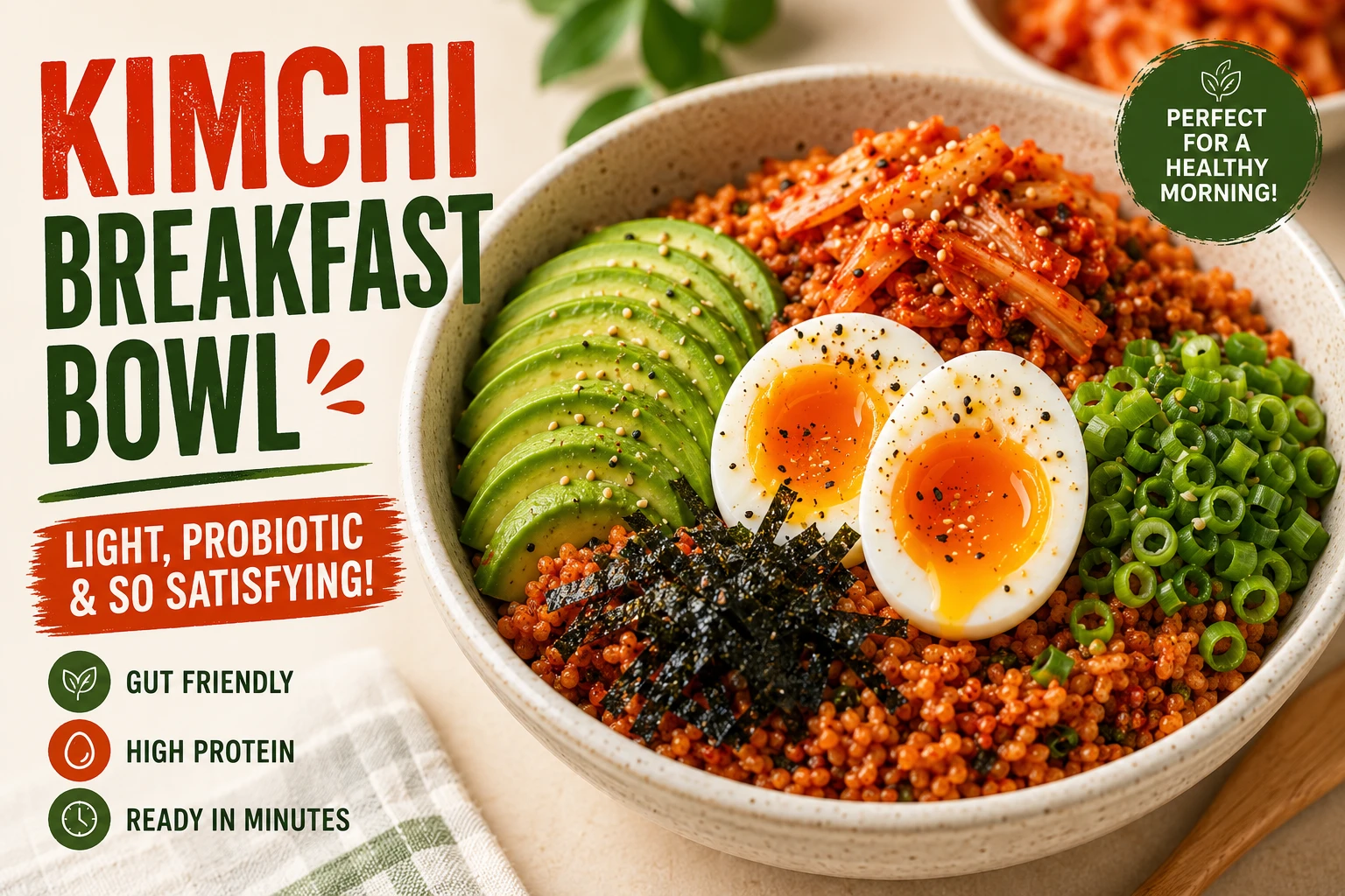 Kimchi breakfast bowl soft boiled egg avocado