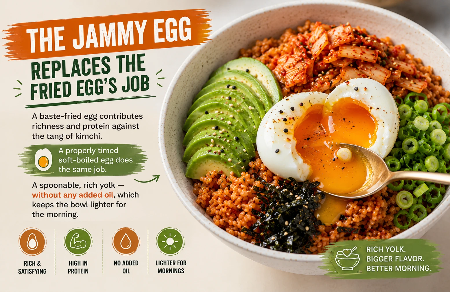 Jammy soft boiled egg yolk kimchi breakfast bowl richness