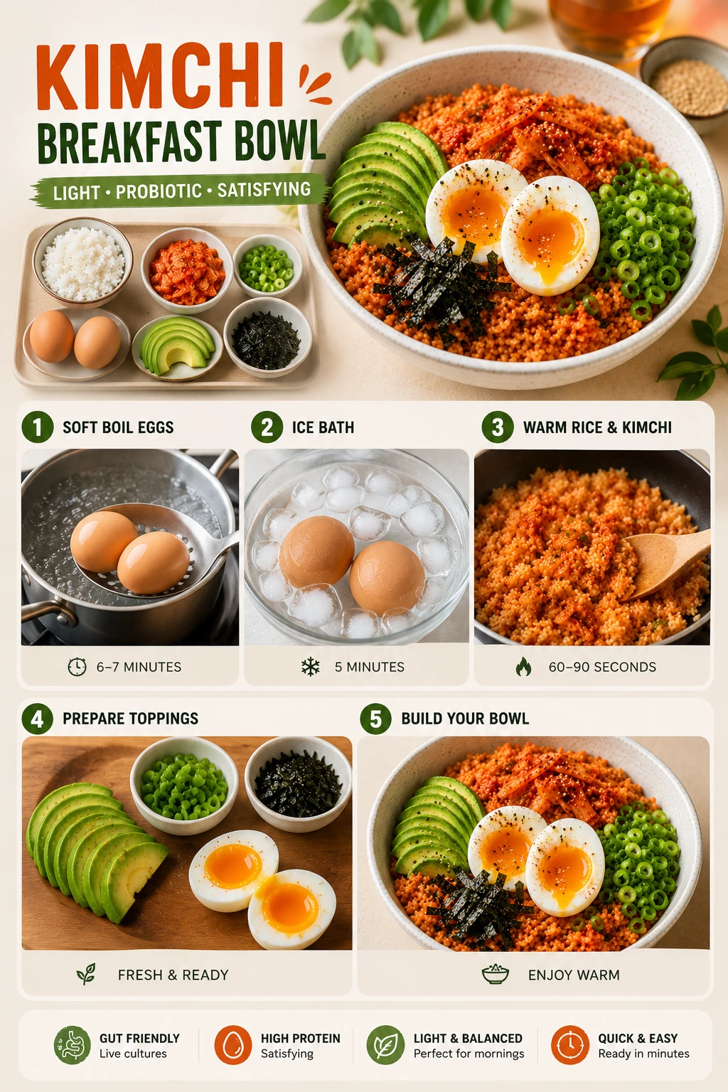 Kimchi breakfast bowl soft boiled egg avocado spring onion Korean morning bowl
