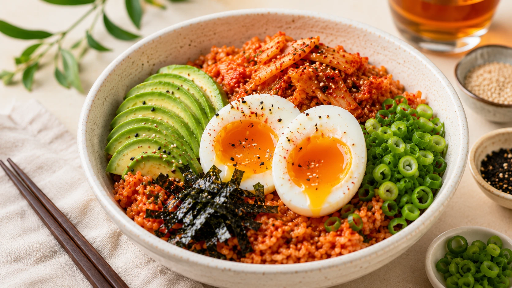Kimchi breakfast bowl plated with soft boiled egg avocado spring onion
