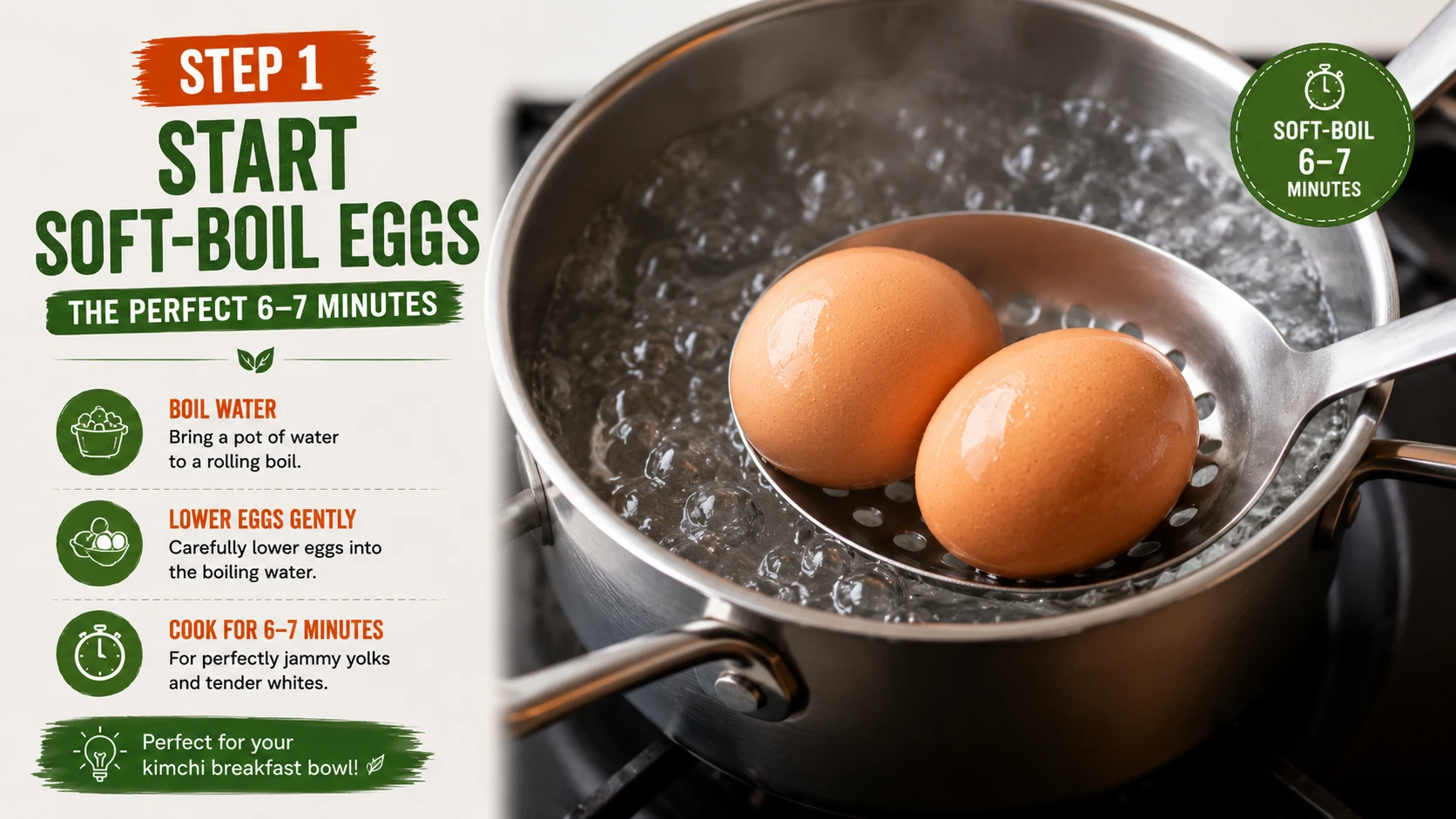 Lowering eggs into rolling boil water for kimchi breakfast bowl soft boiled egg