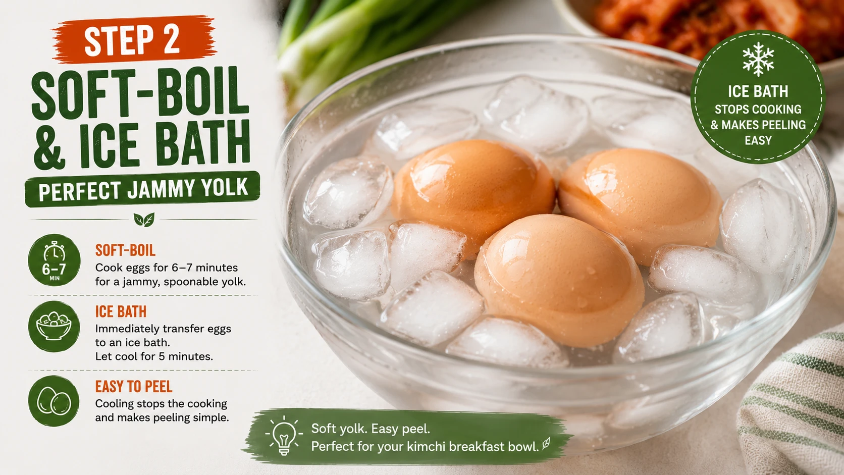 Soft boiled eggs cooling in ice bath for kimchi breakfast bowl
