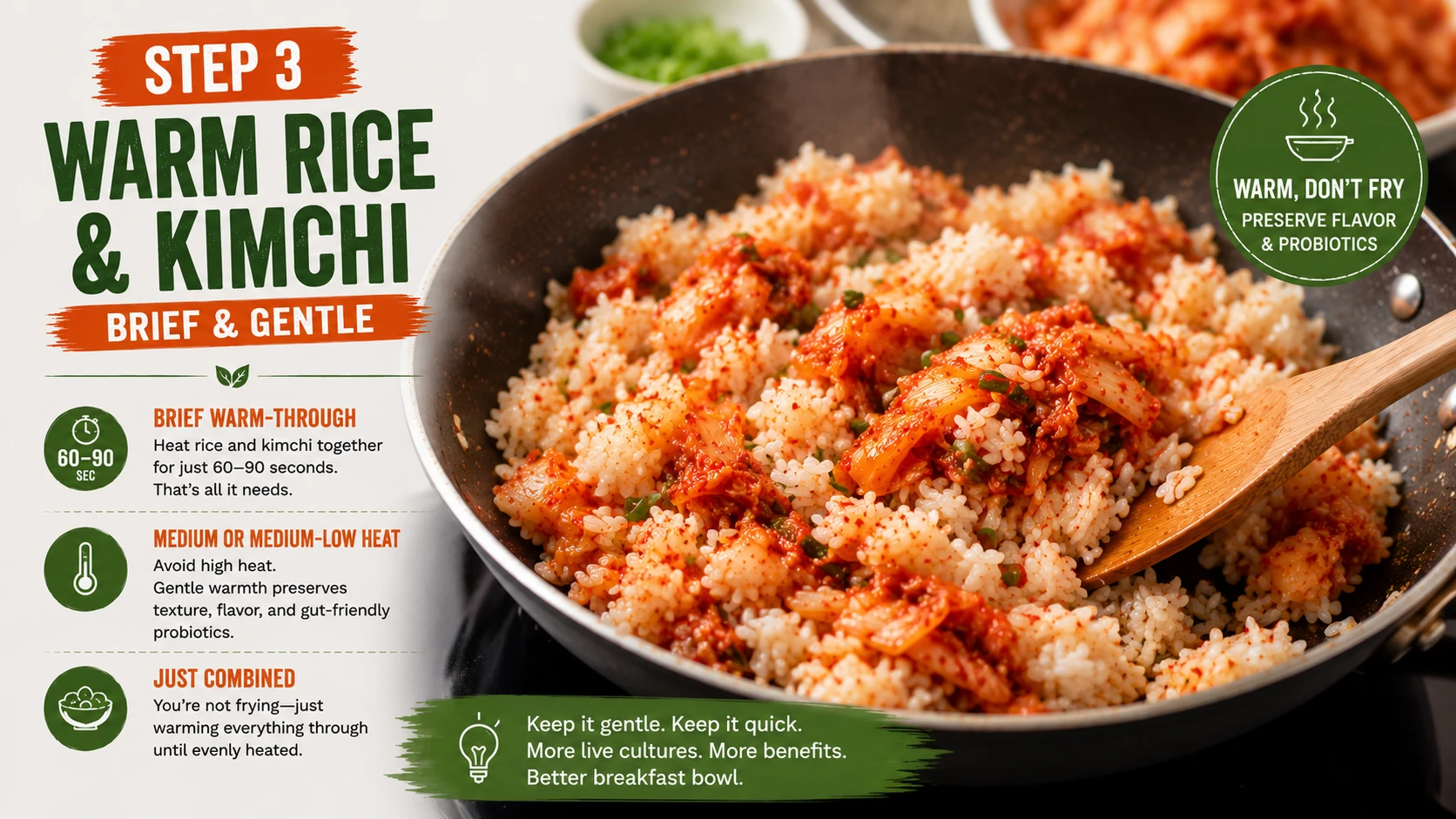 Warming rice and kimchi briefly in pan for kimchi breakfast bowl