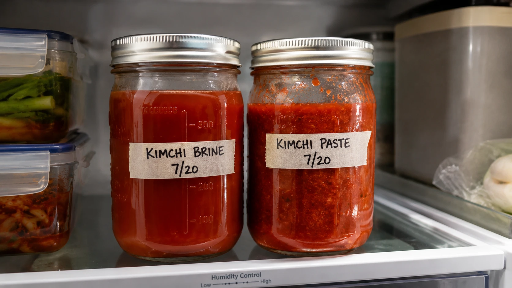 Reserved kimchi brine and paste stored in labelled mason jars in the fridge