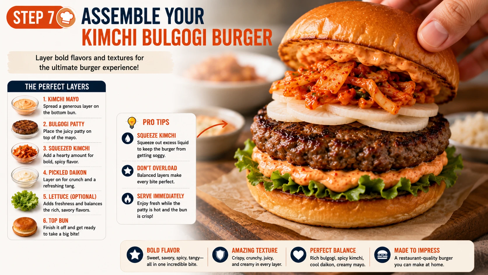 Assembling kimchi bulgogi burger layering kimchi mayo bulgogi patty squeezed kimchi and pickled daikon