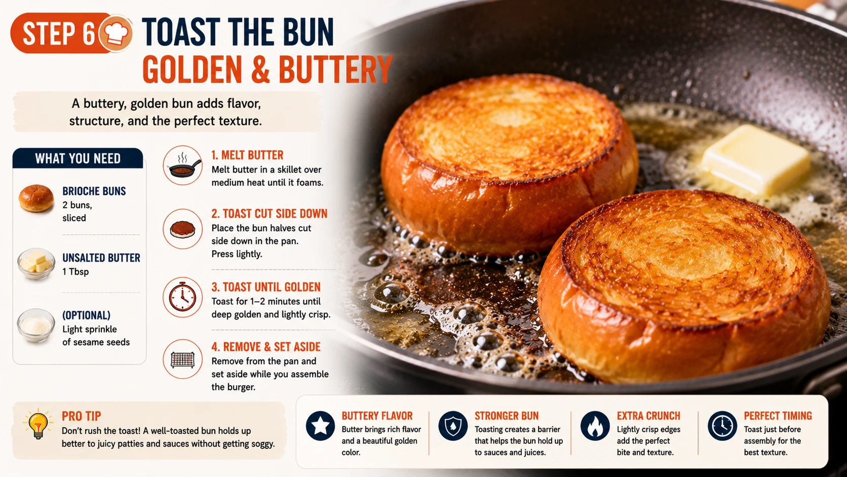 Brioche bun toasting cut side down in butter for kimchi bulgogi burger