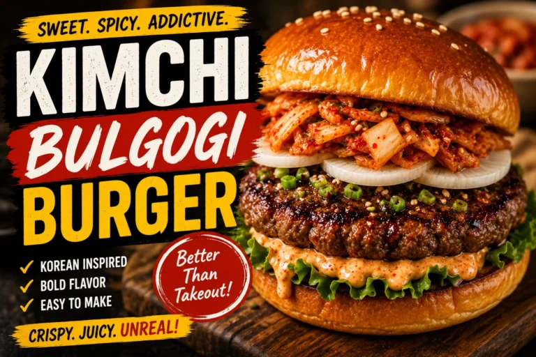 Juicy Kimchi Bulgogi Burger with sweet soy marinated Korean beef patty, spicy kimchi, creamy kimchi mayo, pickled daikon and toasted brioche bun