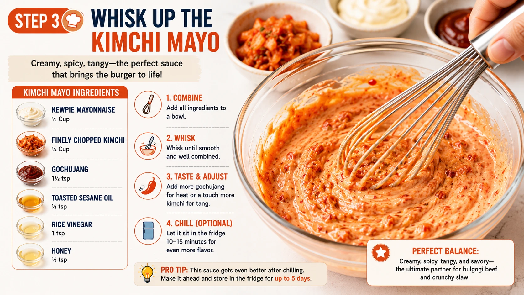 Kimchi mayo being whisked with Kewpie mayo finely chopped kimchi and gochujang for kimchi bulgogi burger