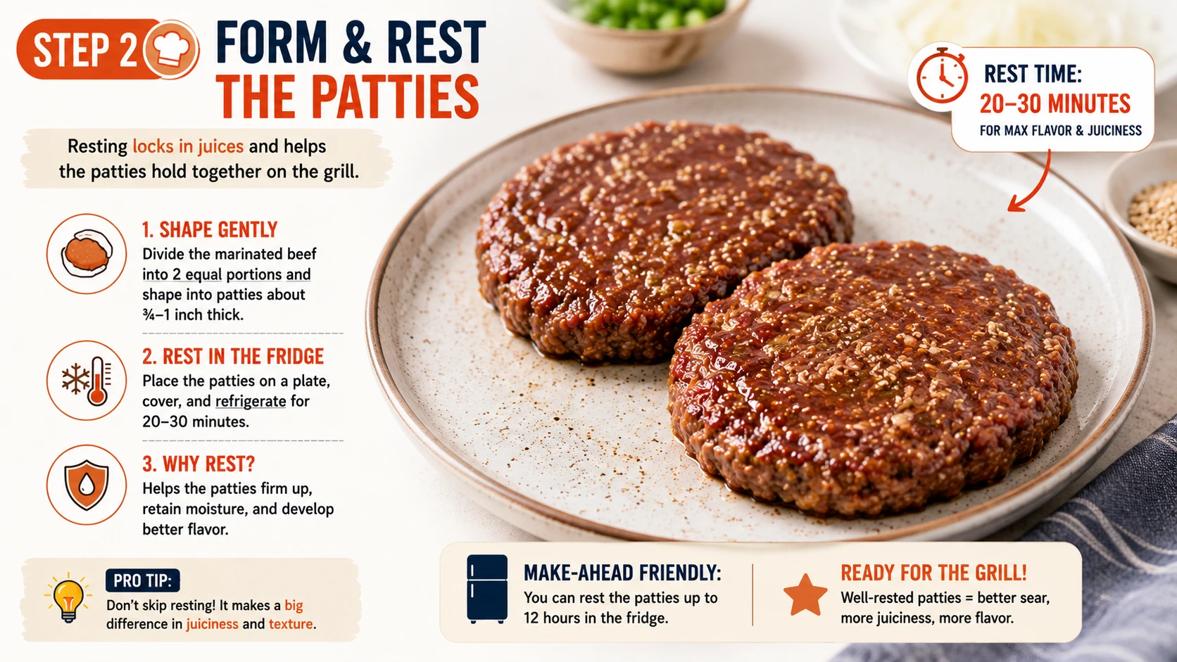 Two marinated bulgogi patties resting on a plate before cooking for kimchi bulgogi burger