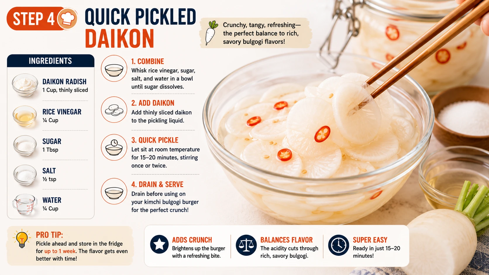 Thinly sliced daikon radish quick pickling in rice vinegar and sugar for kimchi bulgogi burger