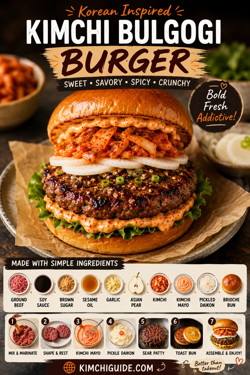 Overhead shot of kimchi bulgogi burger with sweet soy marinated patty, kimchi mayo, pickled daikon and brioche bun — Pinterest recipe card