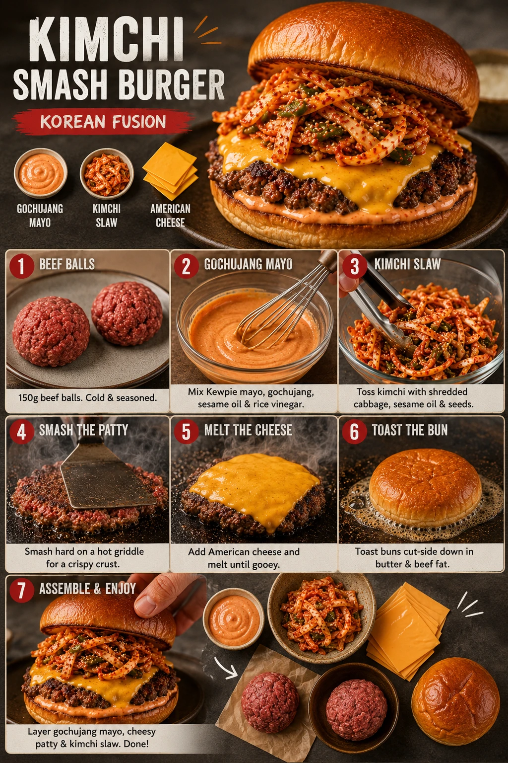 Overhead shot of kimchi smash burger with gochujang mayo, kimchi slaw, melted American cheese and brioche bun — Pinterest recipe card
