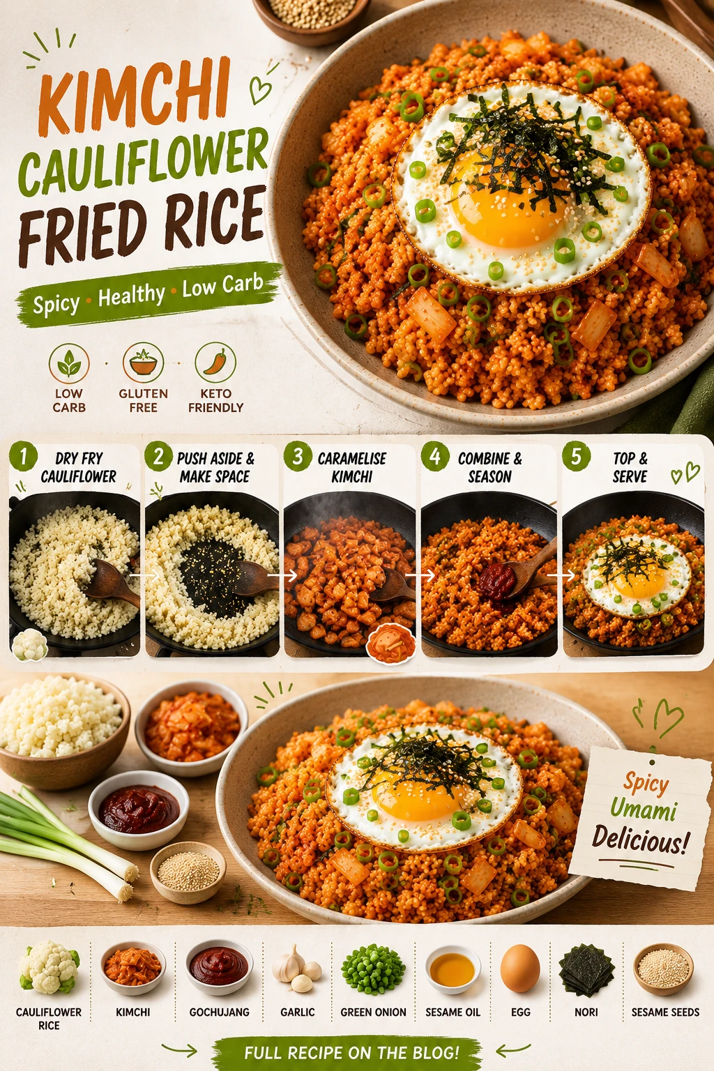 Kimchi cauliflower fried rice charred florets runny egg spring onions low carb keto