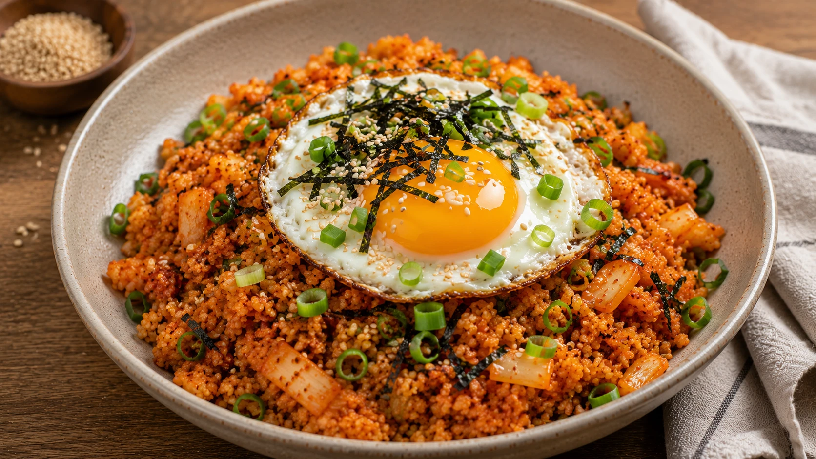 Kimchi cauliflower fried rice plated with basted egg spring onions sesame seeds nori low carb