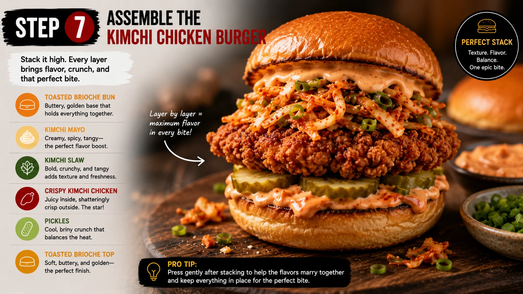 Assembling kimchi chicken burger layering kimchi mayo double fried chicken and kimchi slaw