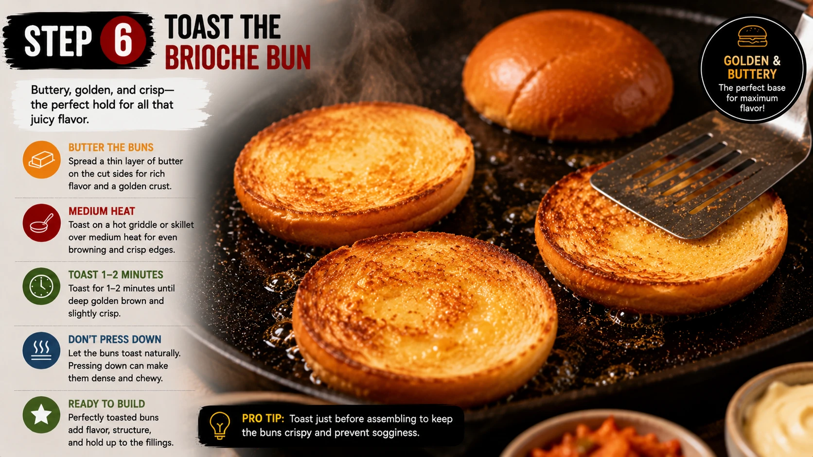 Brioche bun toasting cut side down in butter for kimchi chicken burger