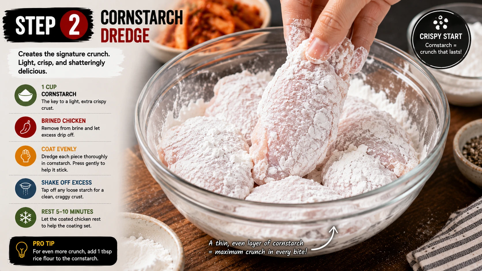 Brined chicken thigh being pressed into a flour and cornstarch dredge for kimchi chicken burger