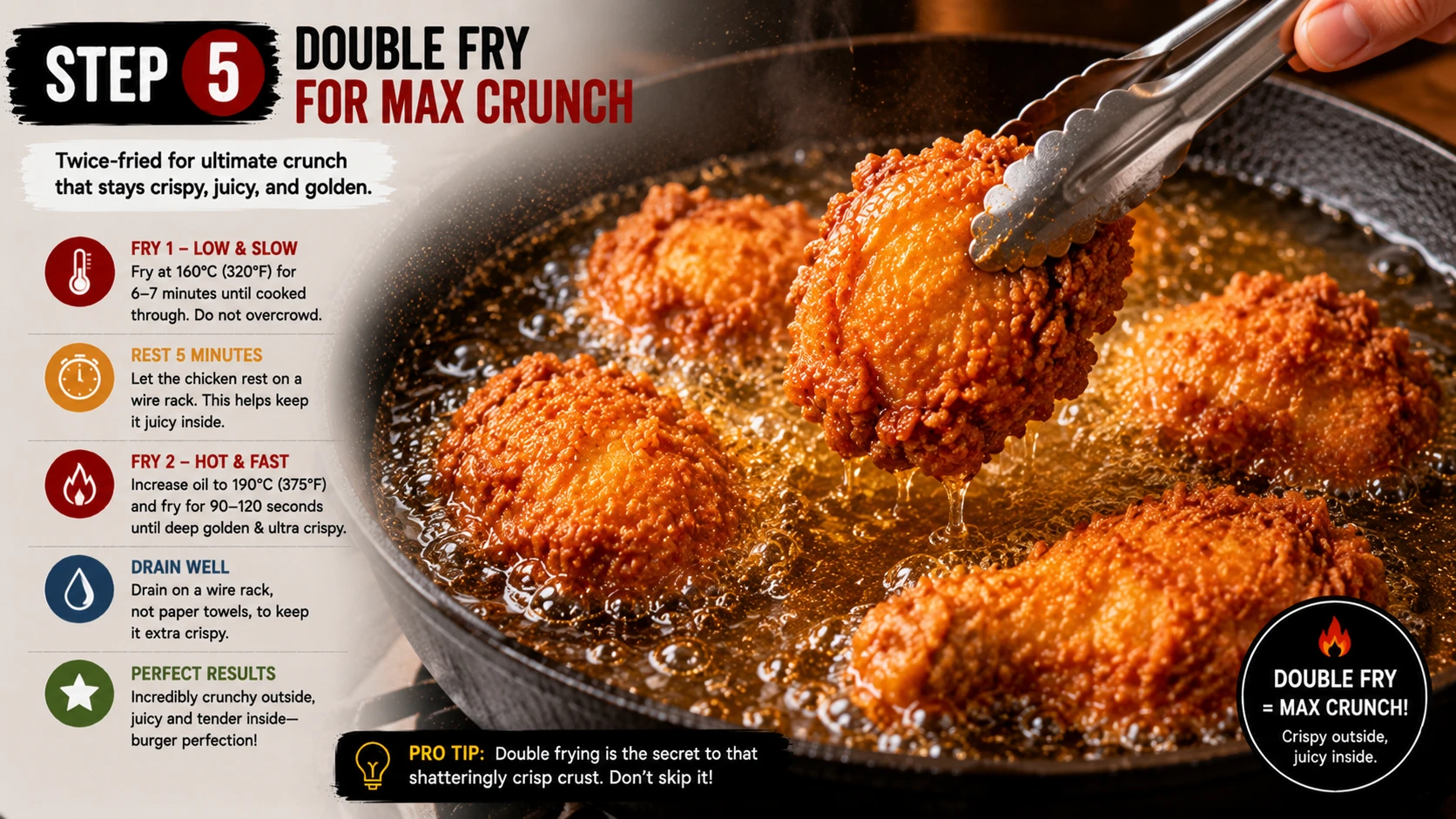 Dredged chicken thigh double frying in oil developing a shatter crisp golden crust