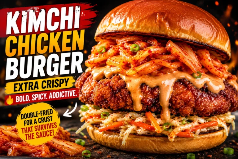 Crispy Kimchi Chicken Burger stacked with golden Korean fried chicken, spicy kimchi slaw, creamy kimchi mayo, toasted buttery brioche bun, pickles, sesame seeds, and fresh green onions on a rustic wooden surface with dramatic restaurant-style lighting.