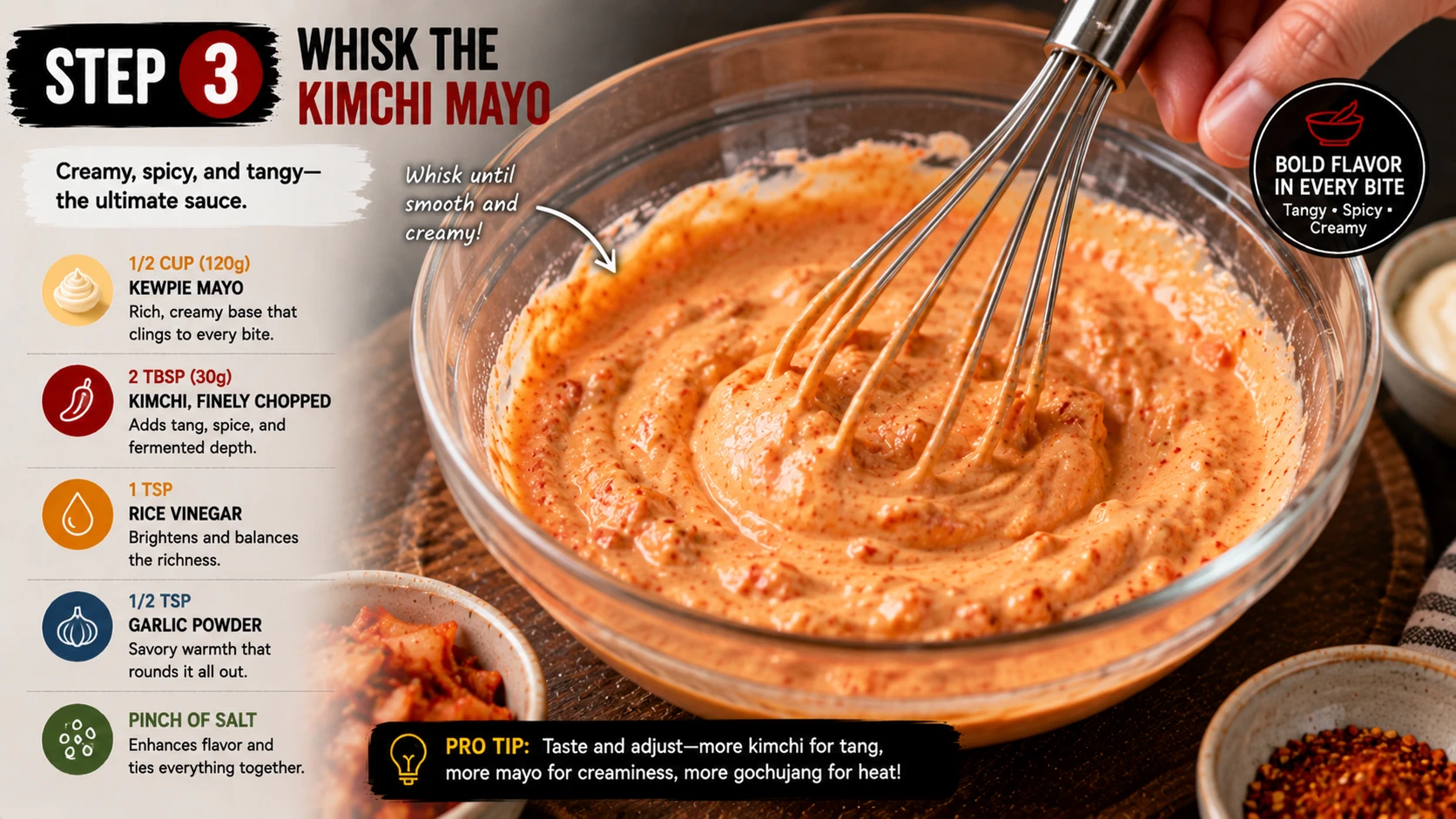 Kewpie kimchi mayo being whisked with finely chopped kimchi gochujang and rice vinegar