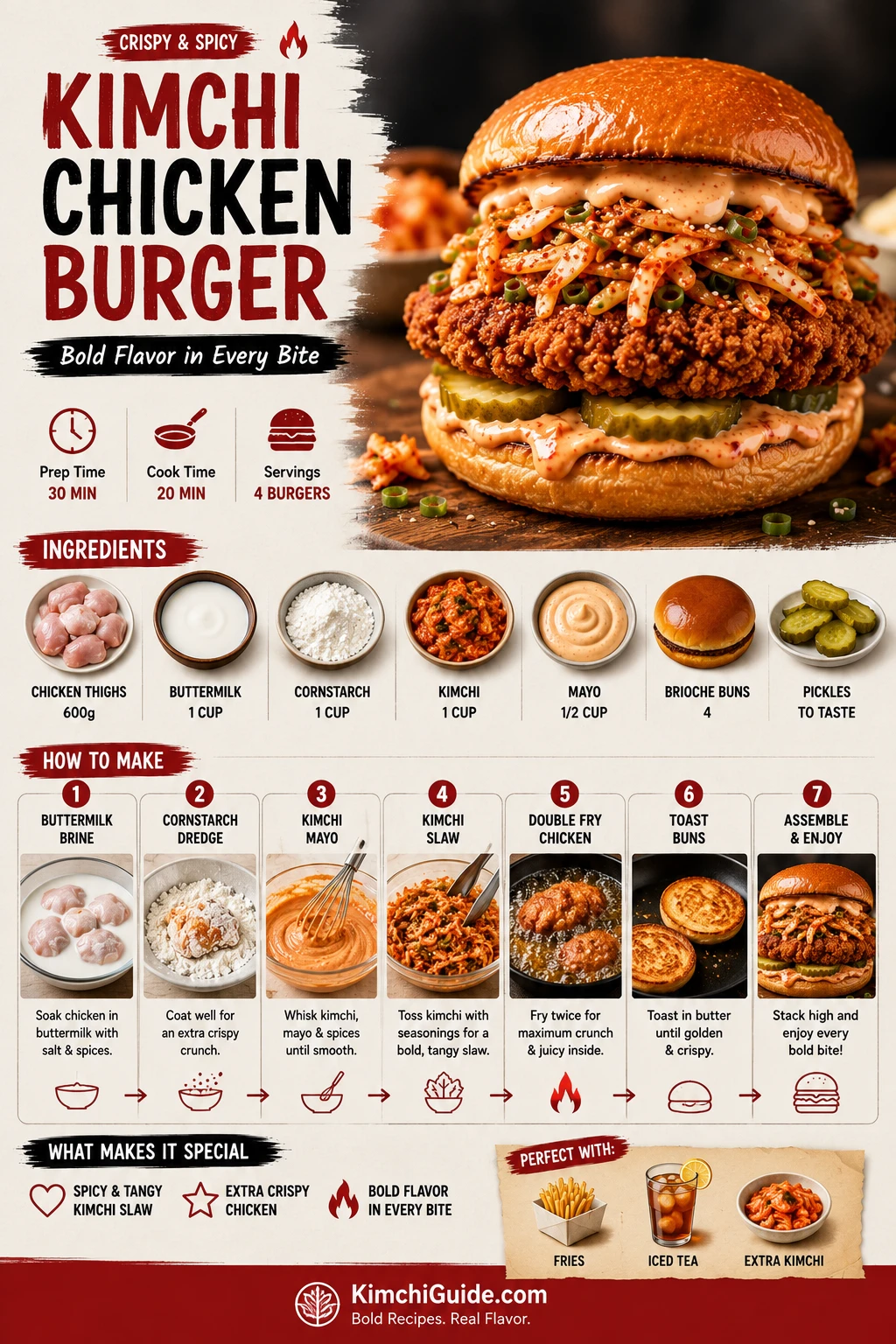 Overhead shot of kimchi chicken burger with double fried crispy chicken thigh, kimchi mayo, kimchi slaw and brioche bun — Pinterest recipe card