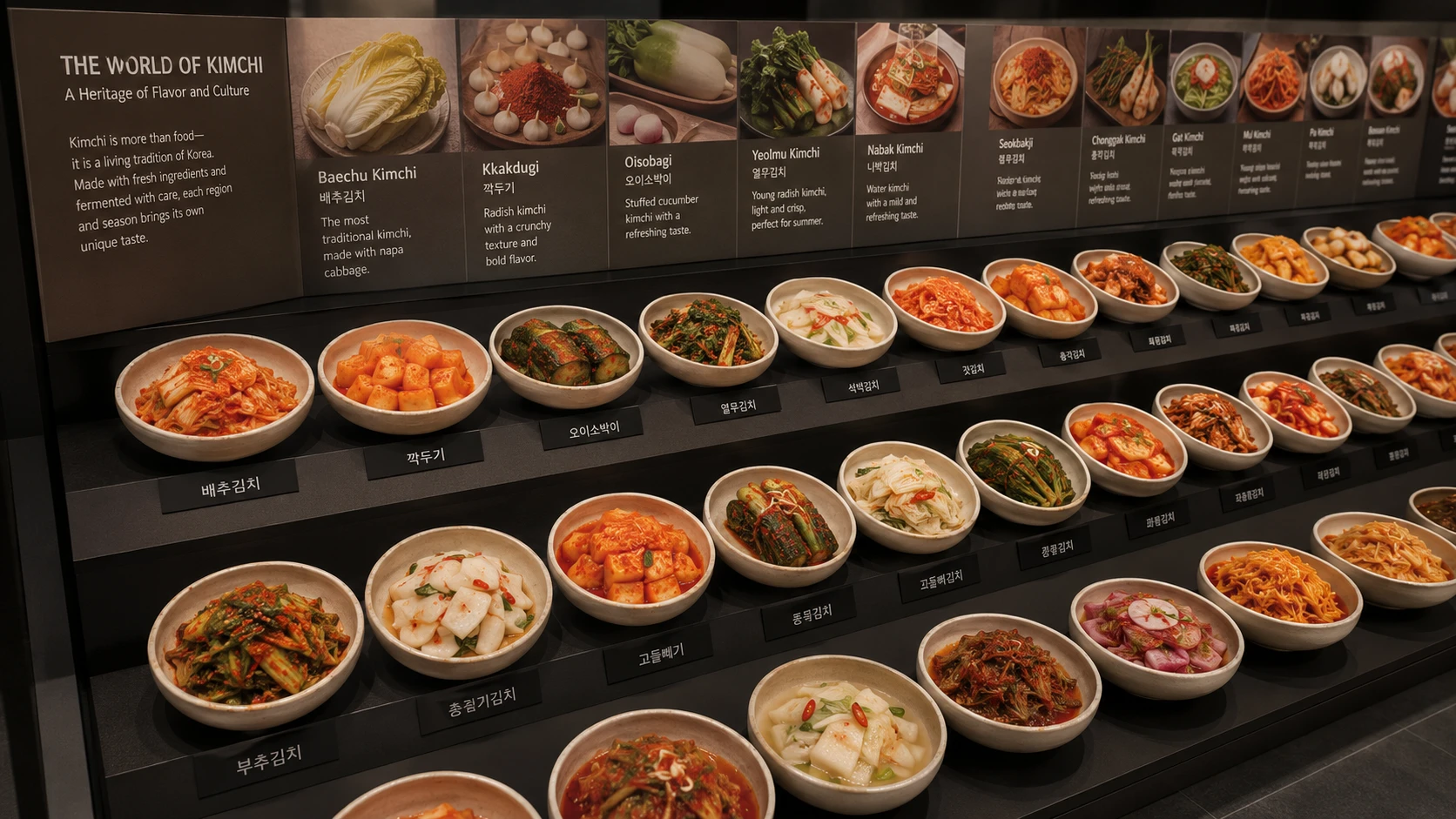 A museum-style display of dozens of different types of kimchi in small bowls, showing the range of colors and ingredients