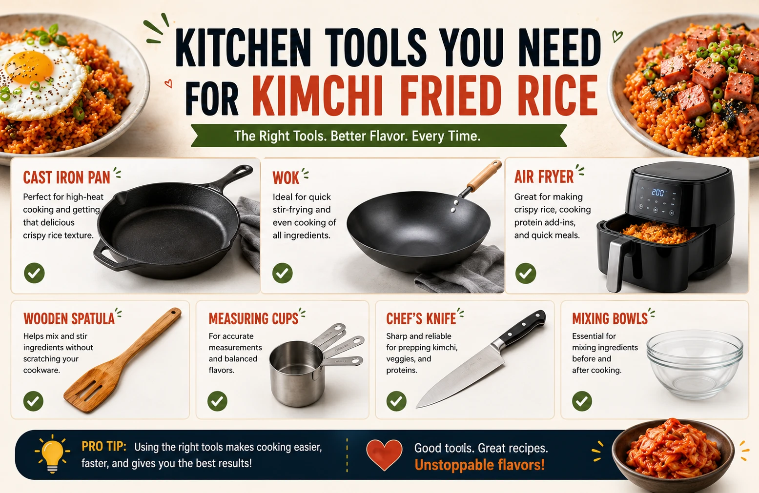 Kitchen tools needed across kimchi fried rice variations cast iron pan air fryer