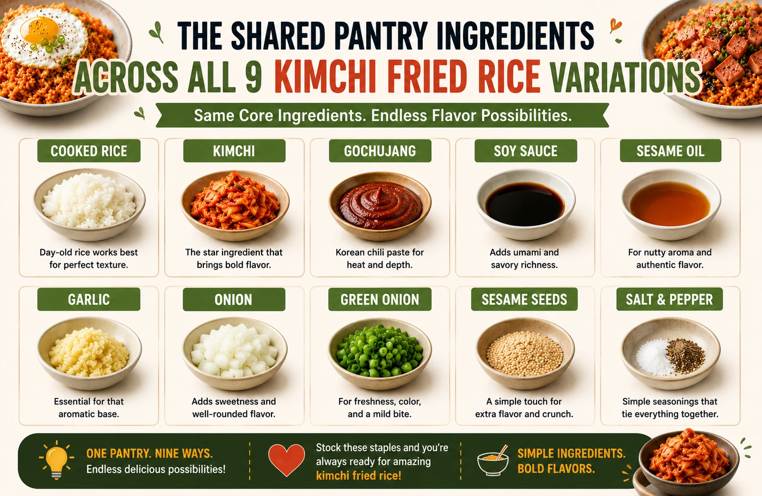 Shared pantry ingredients across all 9 kimchi fried rice variations rice kimchi gochujang