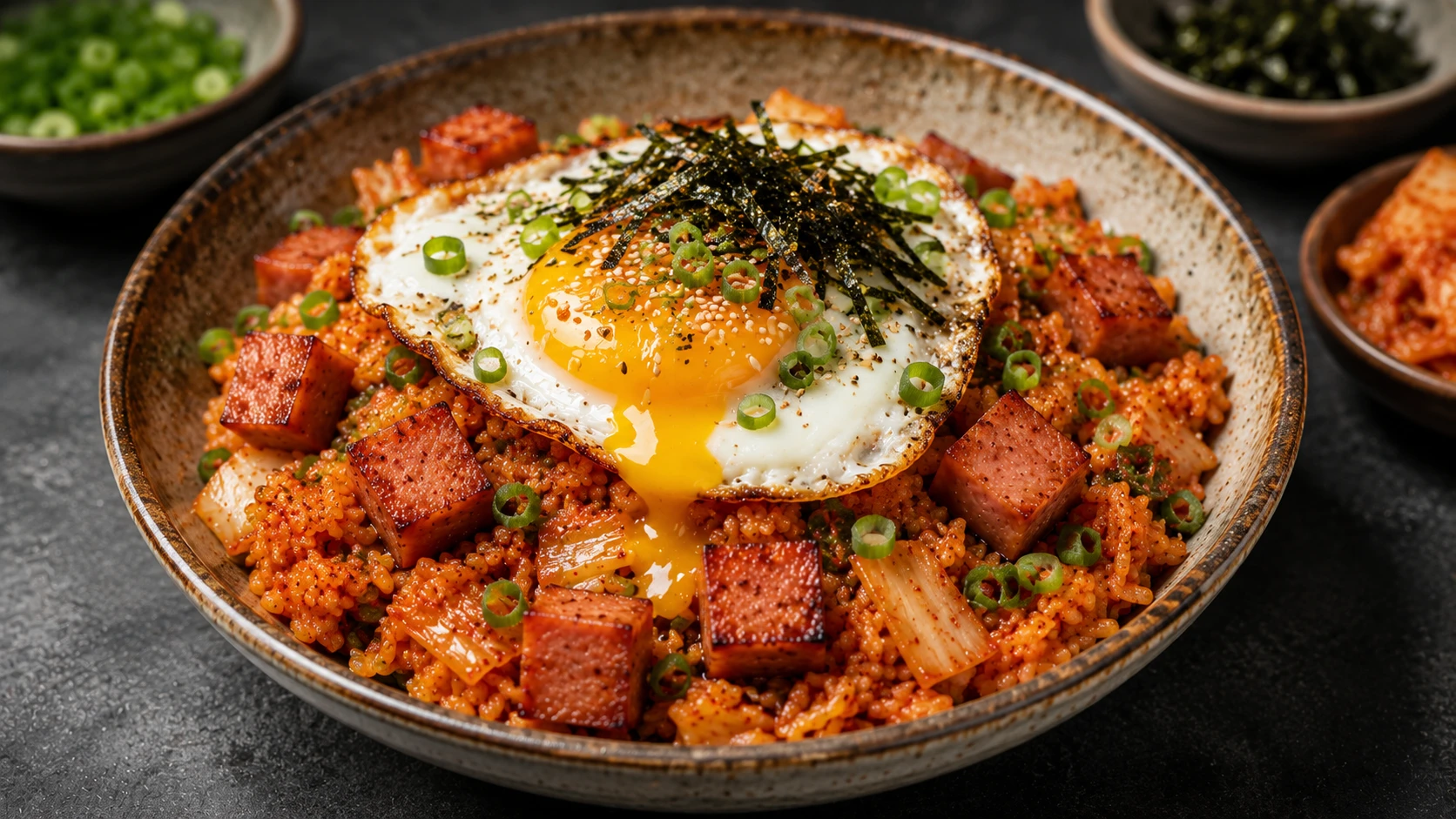 Spam kimchi fried rice plated with runny basted egg golden spam cubes spring onions and nori