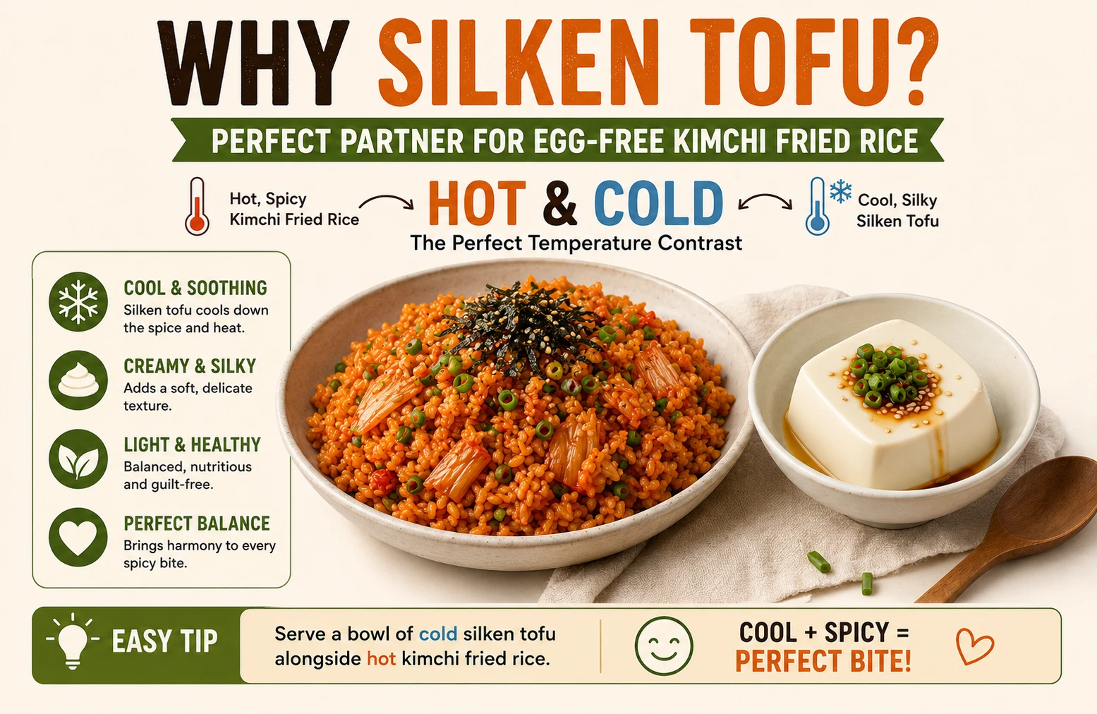 Cold silken tofu alongside hot egg-free kimchi fried rice temperature contrast