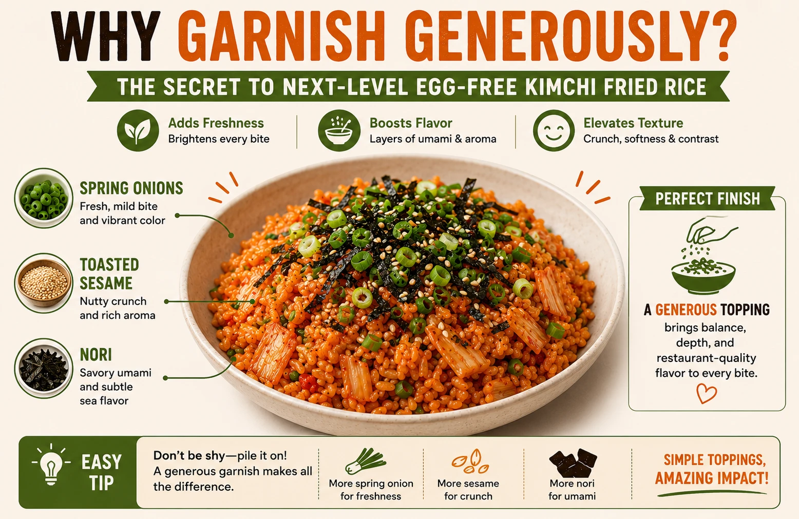 Generous spring onion sesame nori garnish on egg-free kimchi fried rice