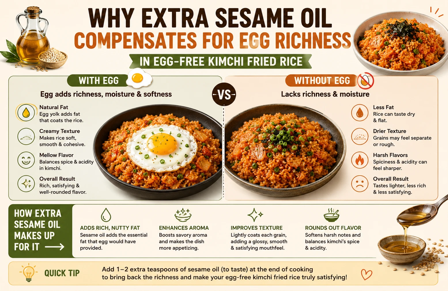 Extra sesame oil compensating for egg richness in egg-free kimchi fried rice