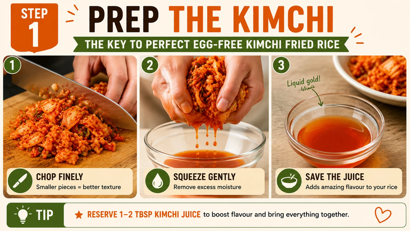 Chopping and squeezing aged kimchi reserving juice for egg-free kimchi fried rice