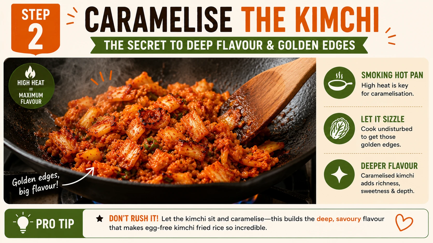 Kimchi caramelising in smoking hot cast iron wok for egg-free kimchi fried rice golden edges