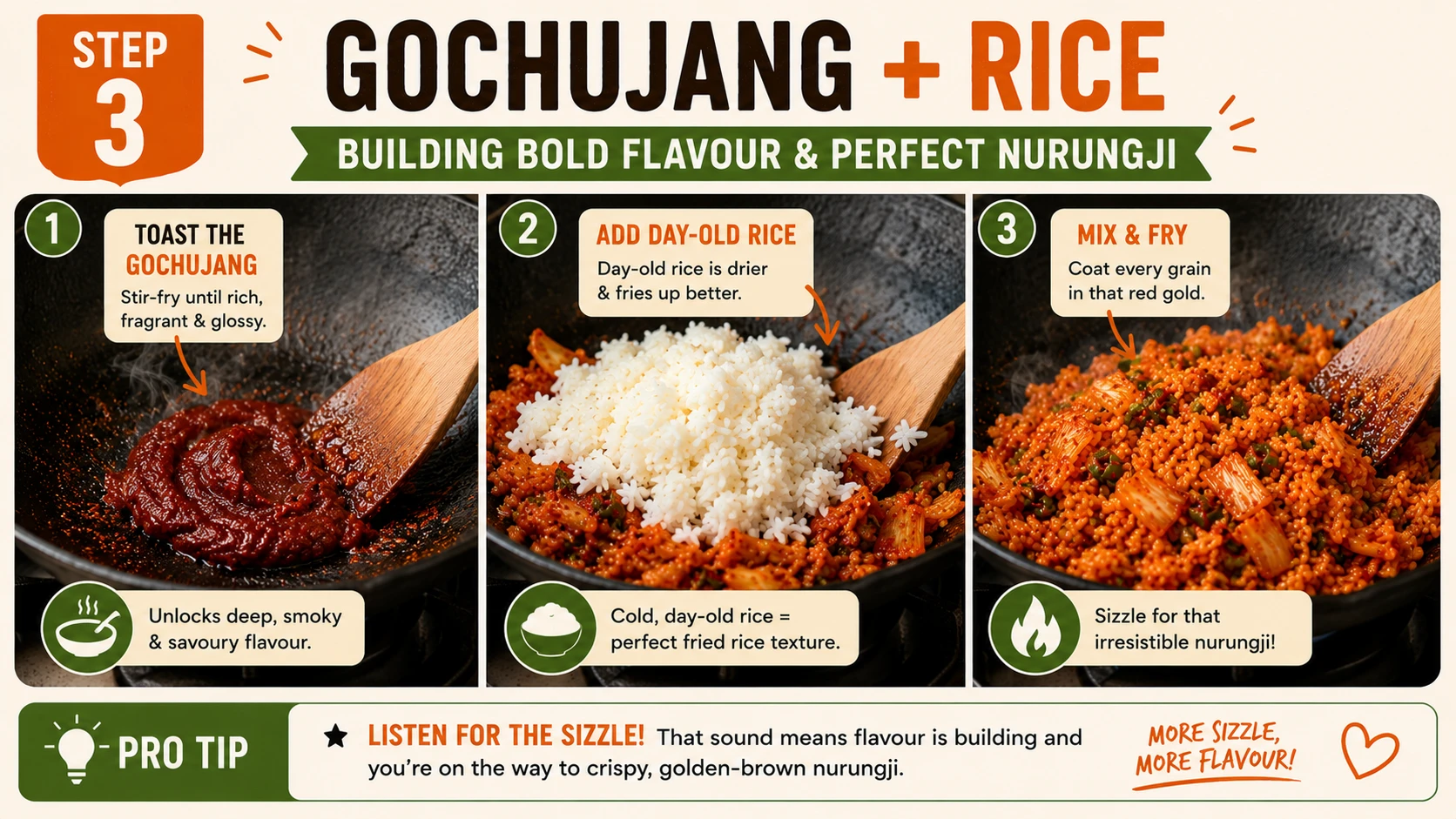 Toasting gochujang then adding day-old rice to wok for egg-free kimchi fried rice nurungji