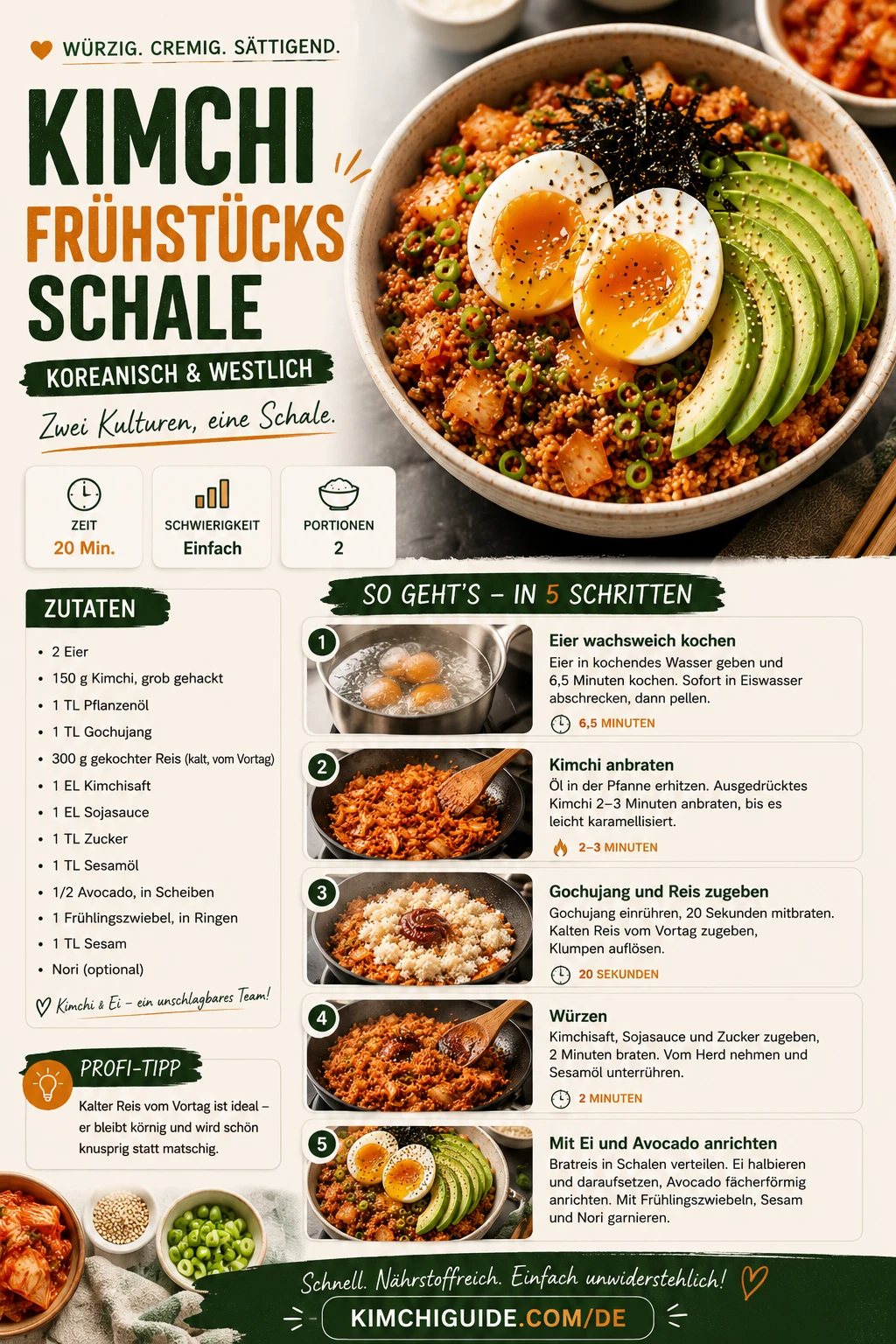 Kimchi-Frühstücksschale mit wachsweichem Ei und Avocado — Rezeptkarte