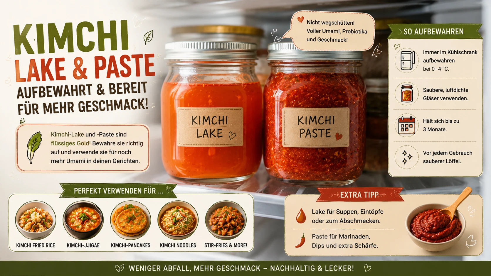 Aufbewahrte Kimchi-Lake und -Paste in beschrifteten Einmachgläsern im Kühlschrank