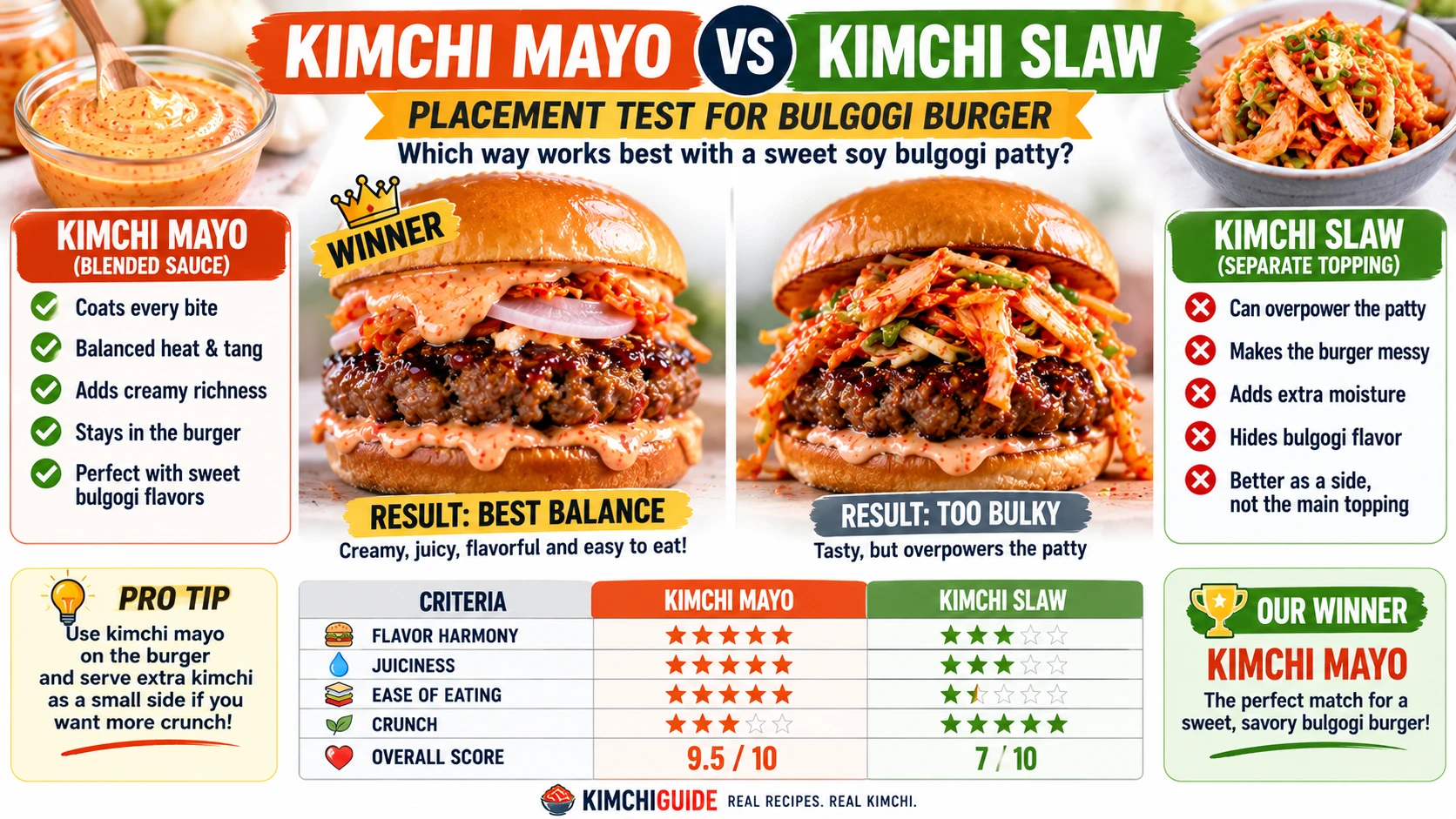 Kimchi mayo compared against a full separate kimchi slaw for bulgogi burger topping placement