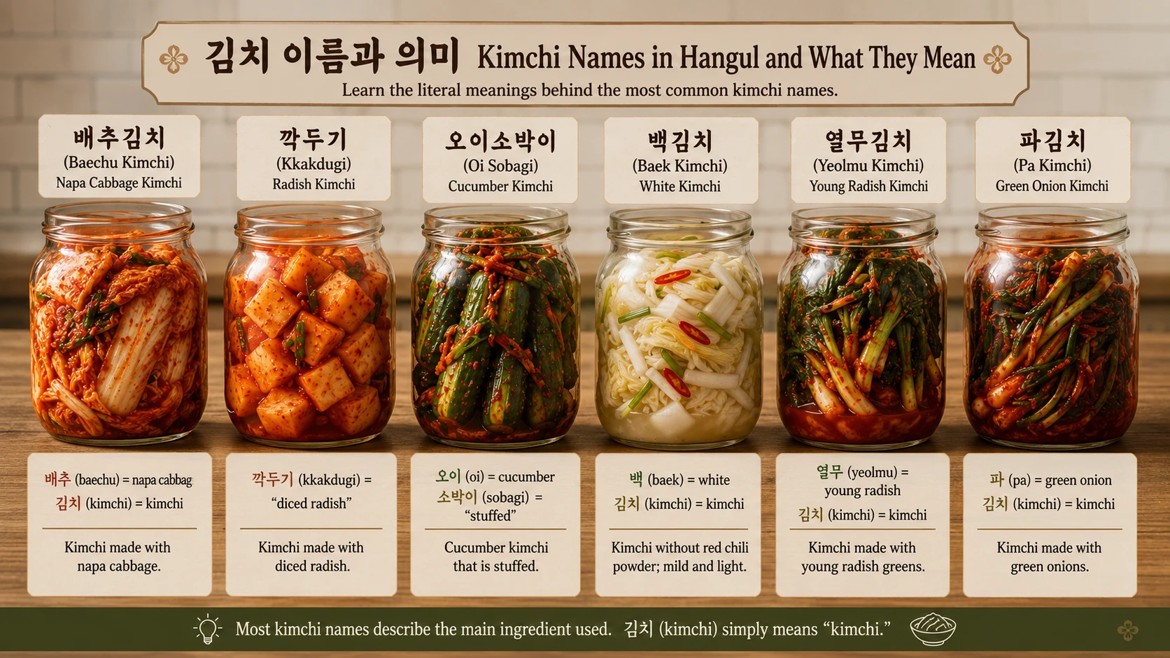 Hangul name labels next to jars of different types of kimchi, illustrating what each name literally means