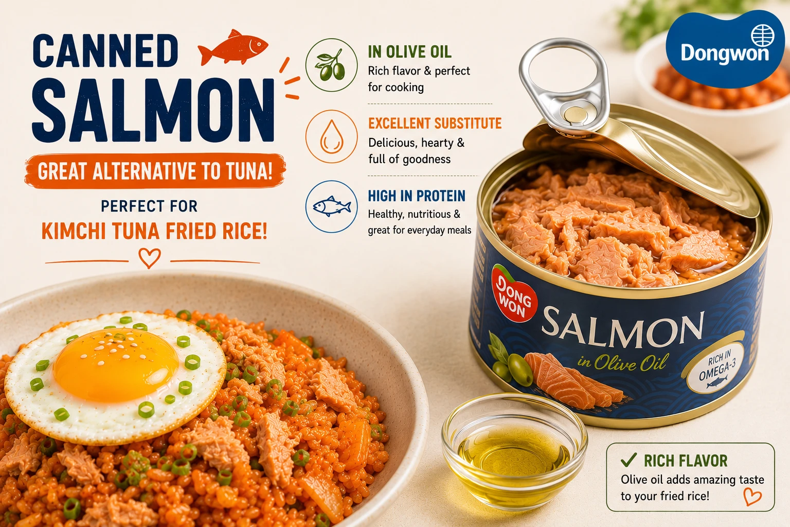 Canned salmon in olive oil excellent substitute for tuna in kimchi fried rice