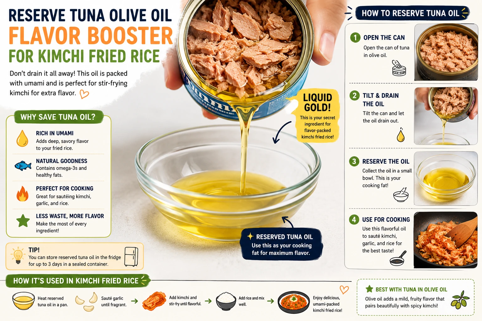 Tuna olive oil being drained from can into bowl reserved as cooking fat for kimchi