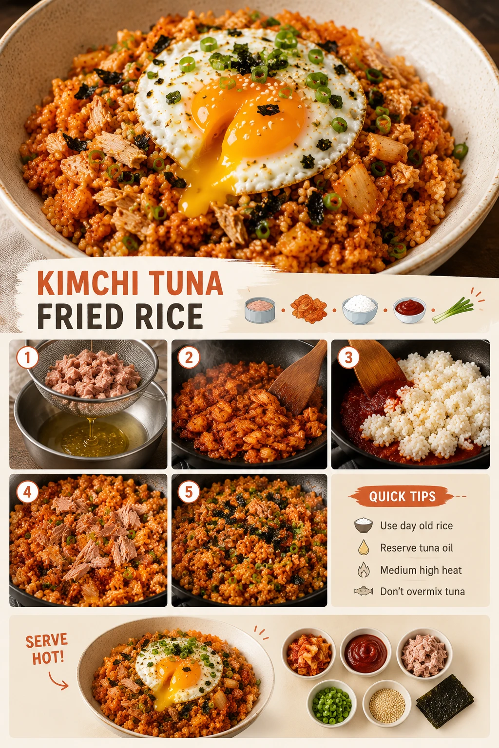 Overhead kimchi tuna fried rice bowl full spread Pinterest format