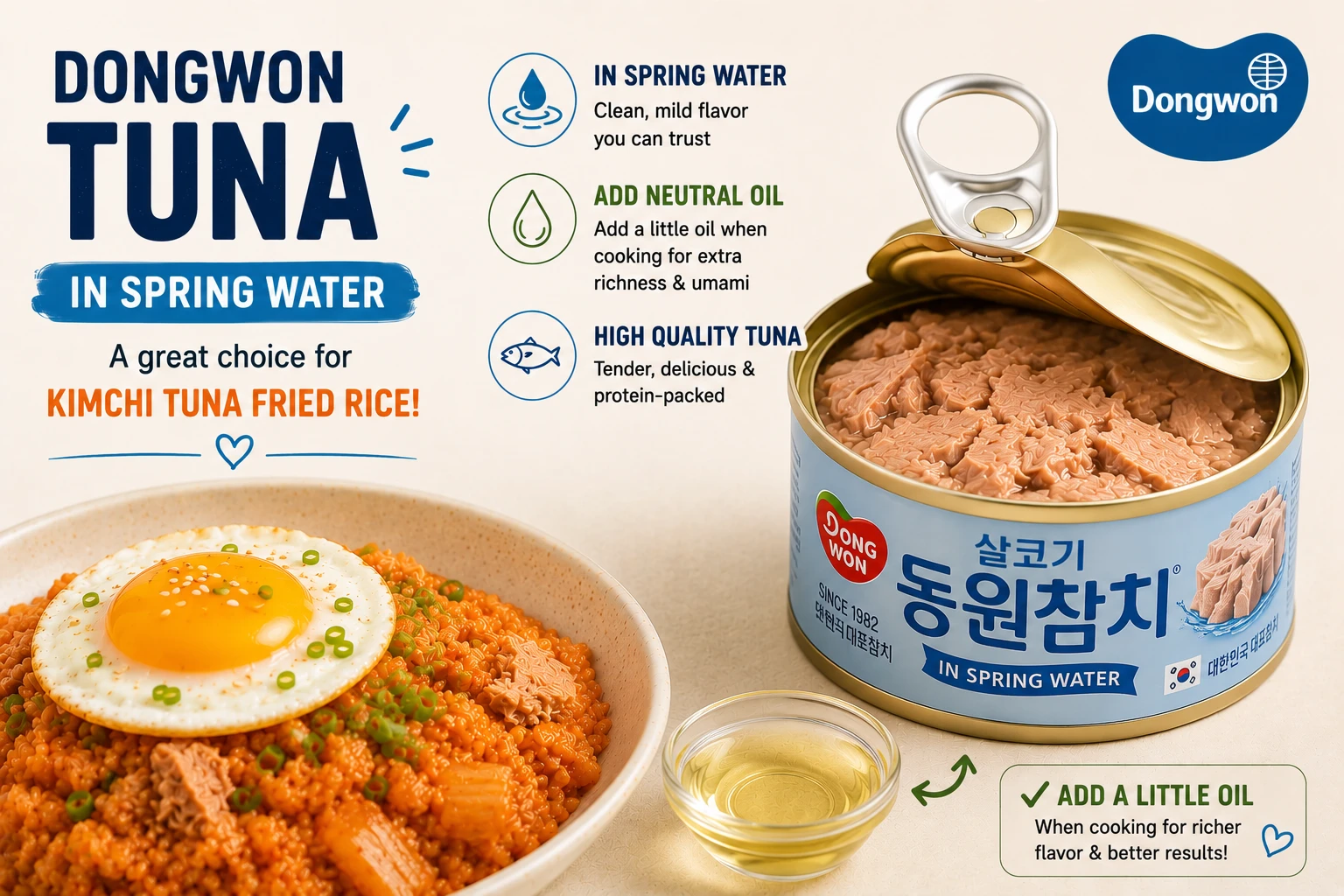 Canned tuna in spring water acceptable with added neutral oil for kimchi