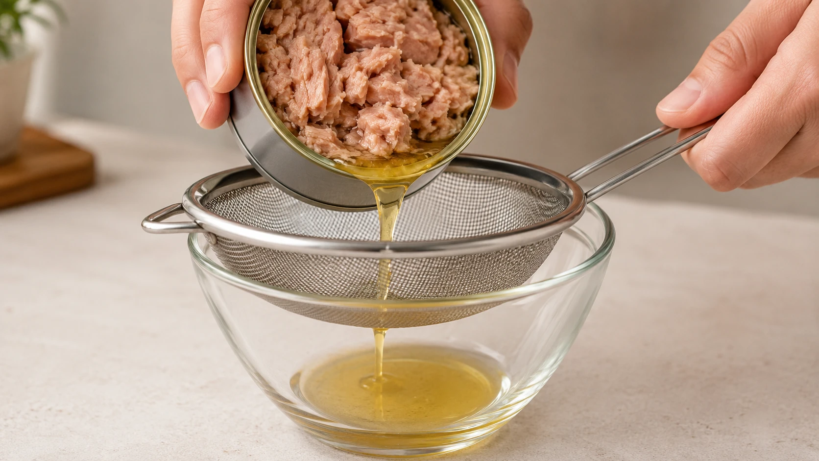 Draining tuna oil into bowl reserving as cooking fat for kimchi tuna fried rice