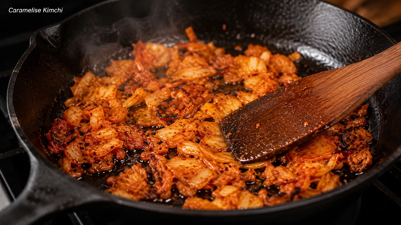Kimchi caramelising in reserved tuna oil in cast iron pan