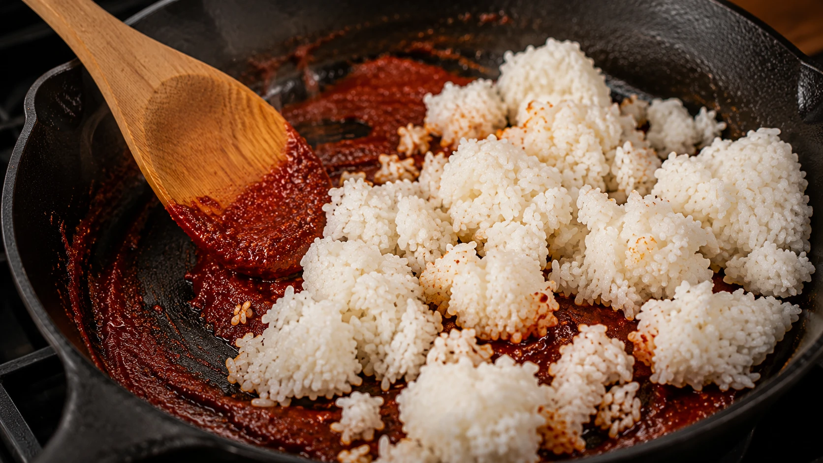 Cold rice fried with gochujang and kimchi in tuna oil
